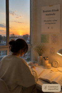 Femme assise à une table, préparant son matériel d'étude dans une atmosphère calme et apaisante.