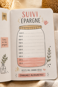 Un Bullet Journal ouvert avec un tracker d'épargne coloré et des stylos à côté.