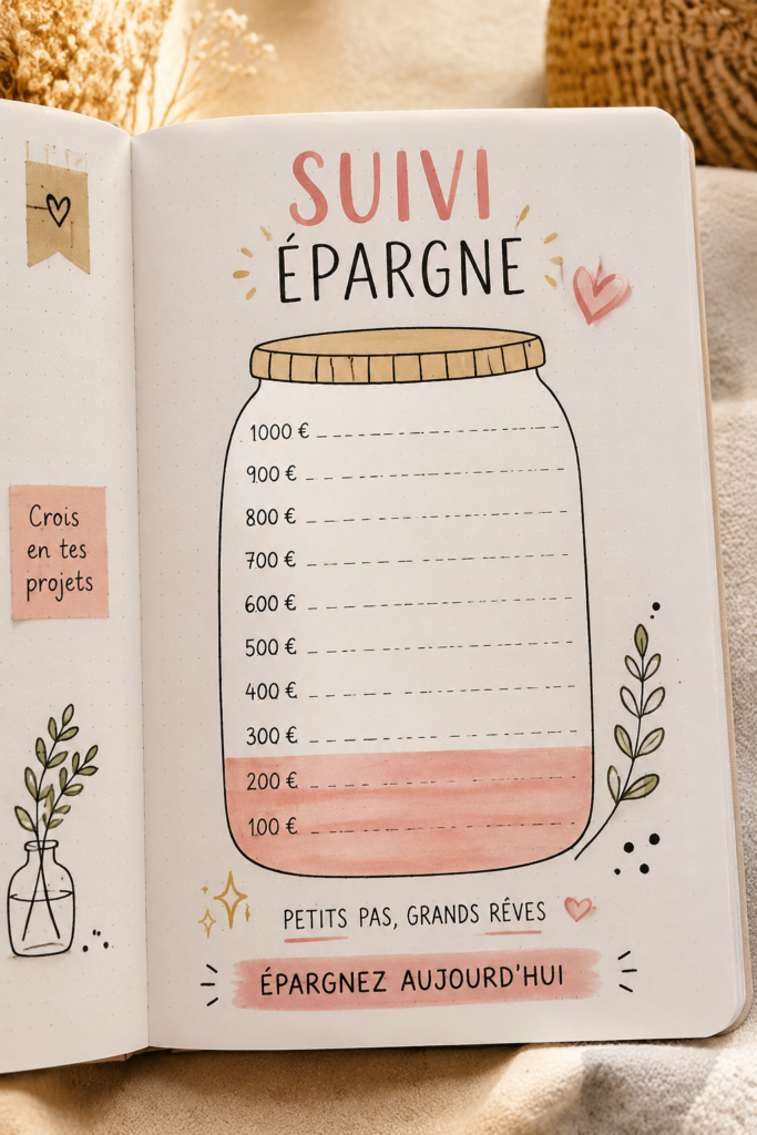 Un Bullet Journal ouvert avec un tracker d'épargne coloré et des stylos à côté.