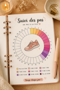 Une femme avec un carnet de bord fait le suivi de ses pas dans un environnement chaleureux.