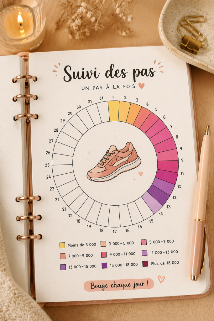 Une femme avec un carnet de bord fait le suivi de ses pas dans un environnement chaleureux.