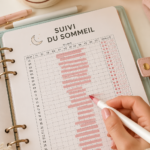 Exemple de tracker de sommeil dans un bullet journal, illustrant un design coloré et pratique.