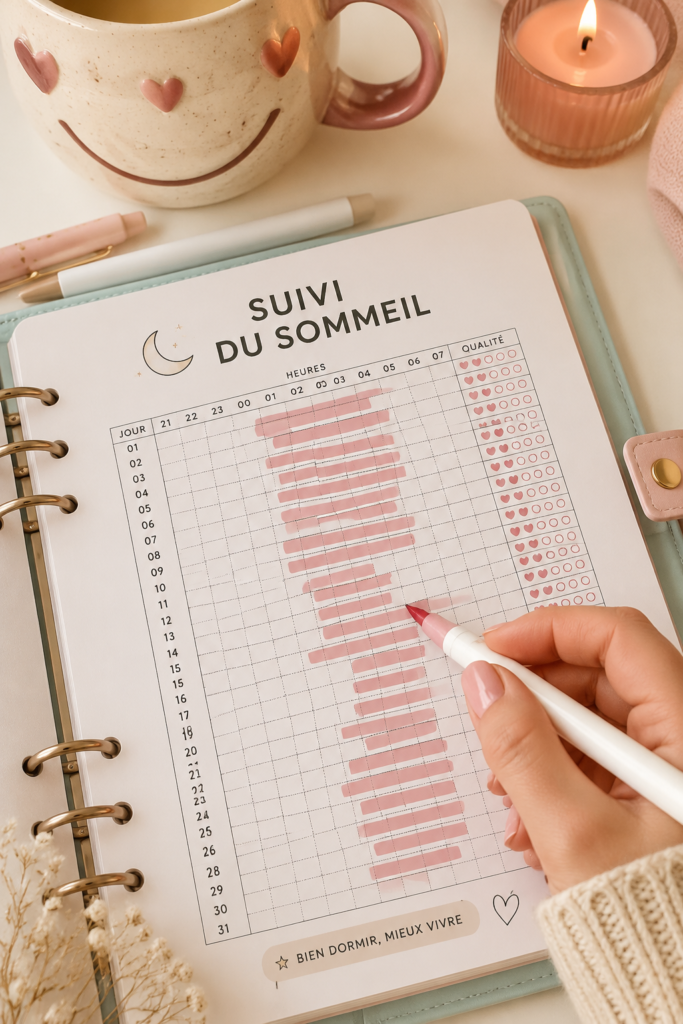 Exemple de tracker de sommeil dans un bullet journal, illustrant un design coloré et pratique.
