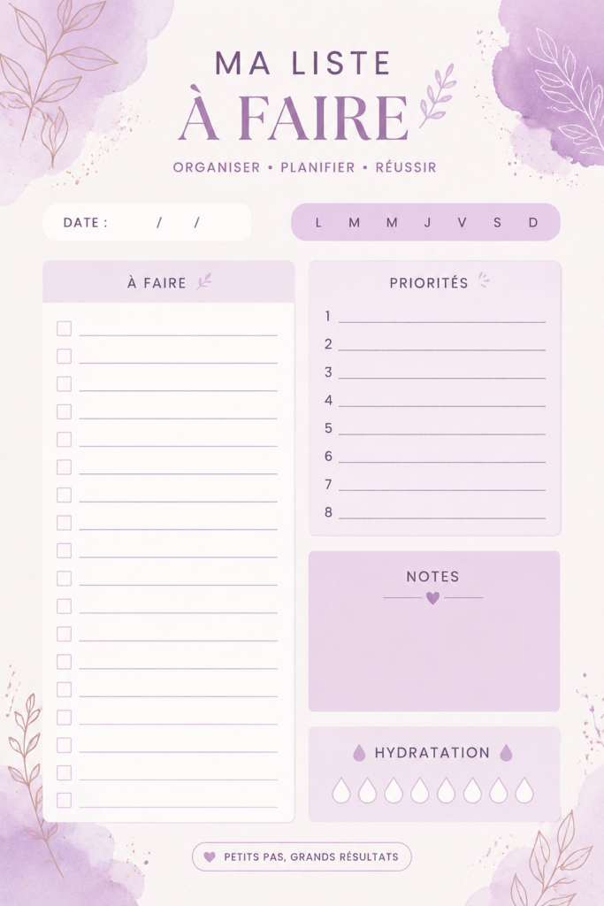 To-do list esthétique en pastel violet, sur un bureau bien organisé