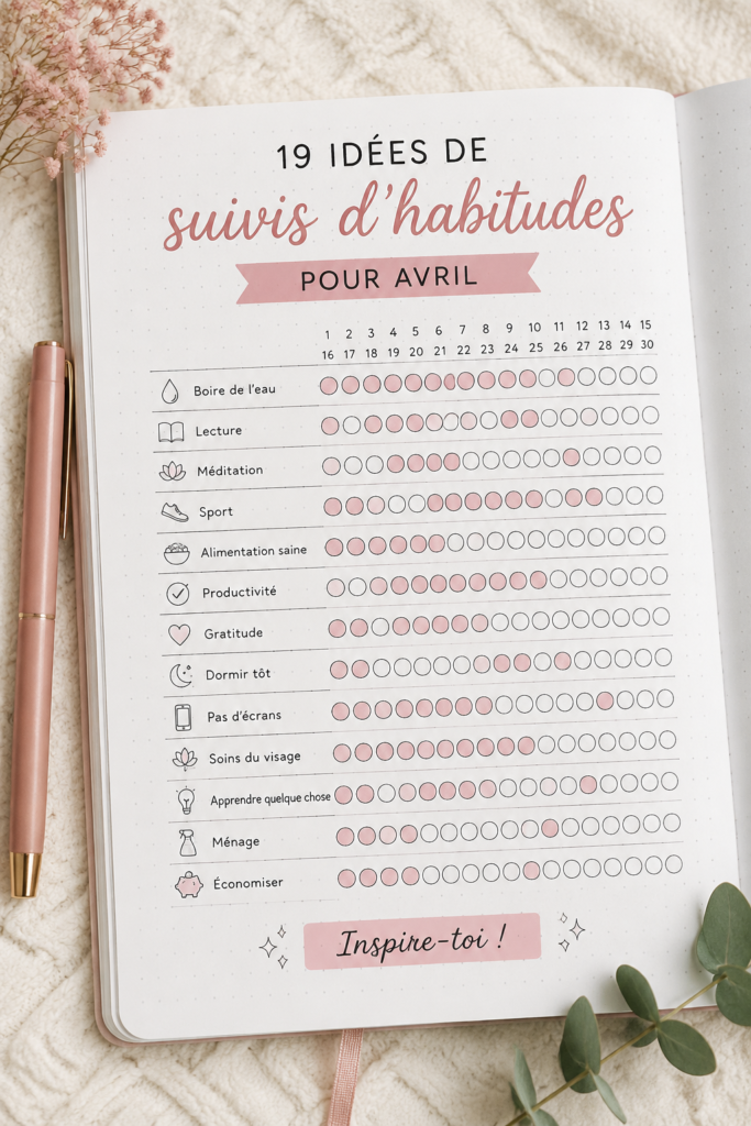 Une page de bullet journal avec des trackers d'habitudes colorés pour le mois d'avril.
