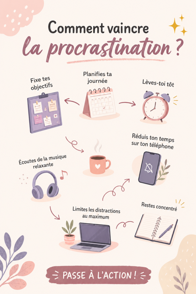 Femme souriante regardant un calendrier pour planifier son mois, symbolisant la lutte contre la procrastination.