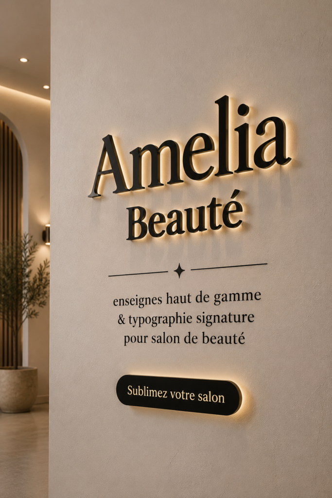 Image d'un salon de beauté avec affichage de la typographie Amelia Beauty