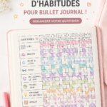 Un Bullet Journal ouvert avec des modèles de habit tracker colorés pour 2024.