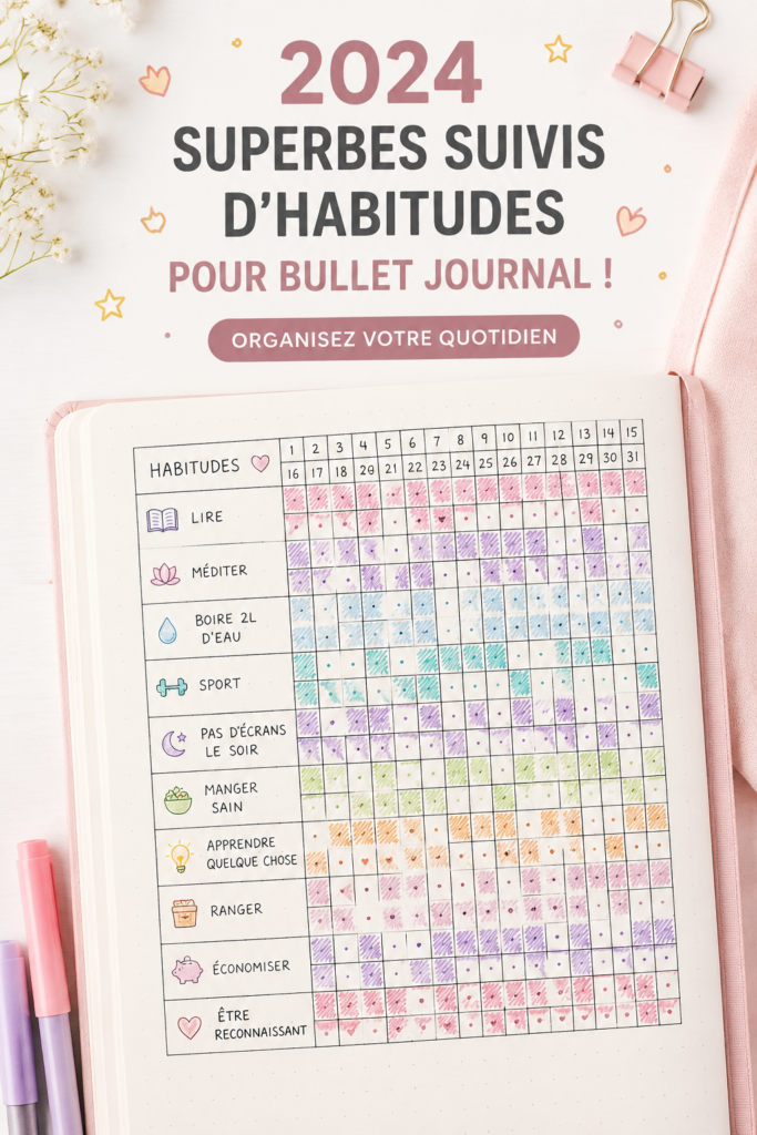 Un Bullet Journal ouvert avec des modèles de habit tracker colorés pour 2024.