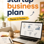 Illustration d'une femme intégrant des éléments clés dans un business plan pour sa startup.