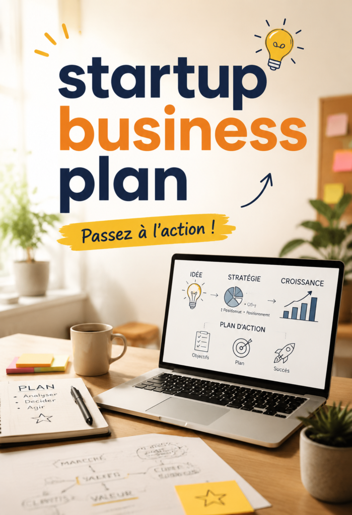 Illustration d'une femme intégrant des éléments clés dans un business plan pour sa startup.