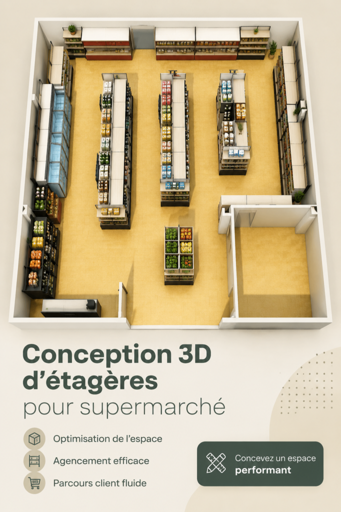 Esquisse d'un supermarché avec des étagères bien agencées
