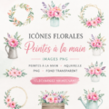 Exemples d'icônes florales peintes à la main avec fond transparent, idéales pour le design.