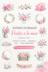 Exemples d'icônes florales peintes à la main avec fond transparent, idéales pour le design.