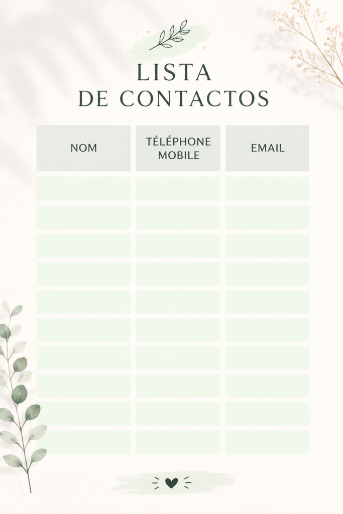 Une page de bullet journal avec une liste de contacts organisée.