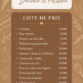 Liste de prix esthétique pour des créations pâtissières exposées sur une table