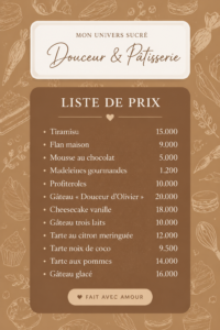 Liste de prix esthétique pour des créations pâtissières exposées sur une table