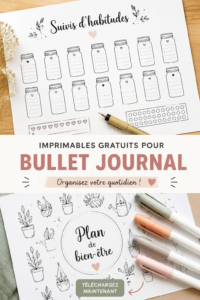 Modèles colorés de Bullet Journal gratuits étalés sur une table