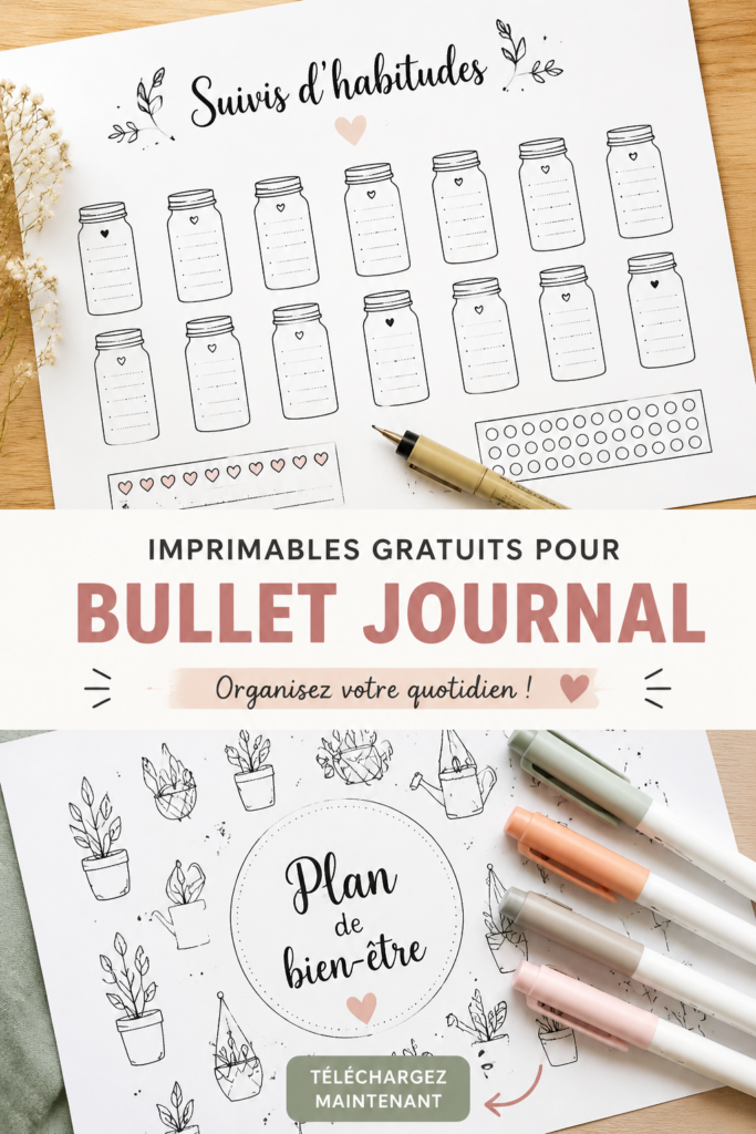 Modèles colorés de Bullet Journal gratuits étalés sur une table