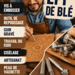 Un espiga tornillo, outil indispensable pour le cuir, posé sur un fond en cuir travaillé.