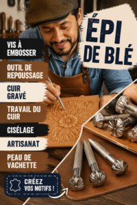 Un espiga tornillo, outil indispensable pour le cuir, posé sur un fond en cuir travaillé.
