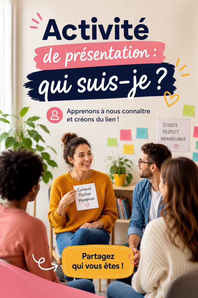 Activité 'Qui suis-je ?' avec des femmes discutant en cercle.