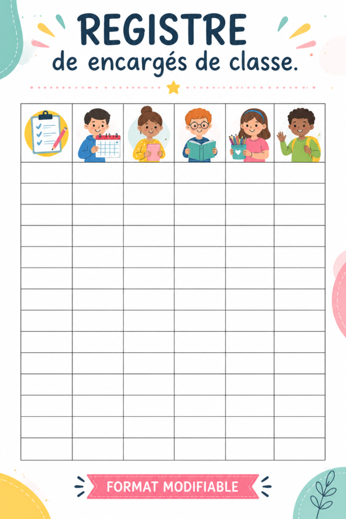 Exemple de modèle de registre d'activités pour enseignants, simple et pratique.
