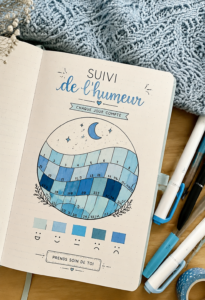 Une illustration d'un tracker d'humeur avec des annotations colorées représentant différentes émotions.