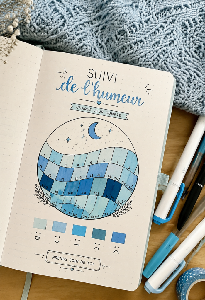 Une illustration d'un tracker d'humeur avec des annotations colorées représentant différentes émotions.