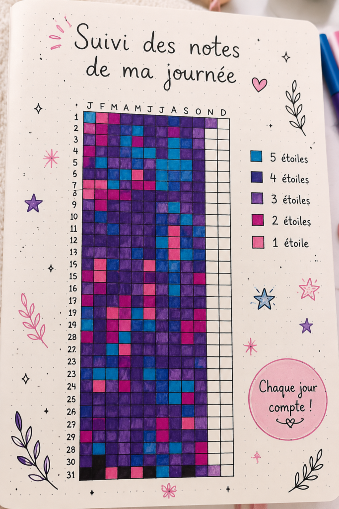Un bullet journal ouvert avec des pages colorées et un tracker quotidien.