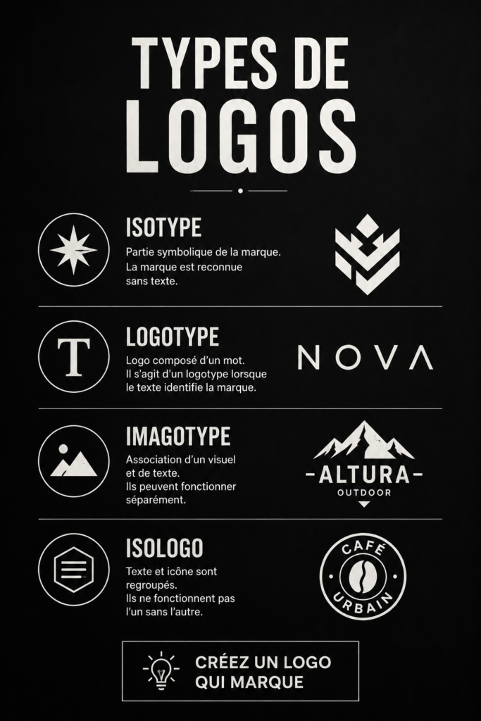 Exemples de différents types de logos illustrant leur diversité et adaptation visuelle.