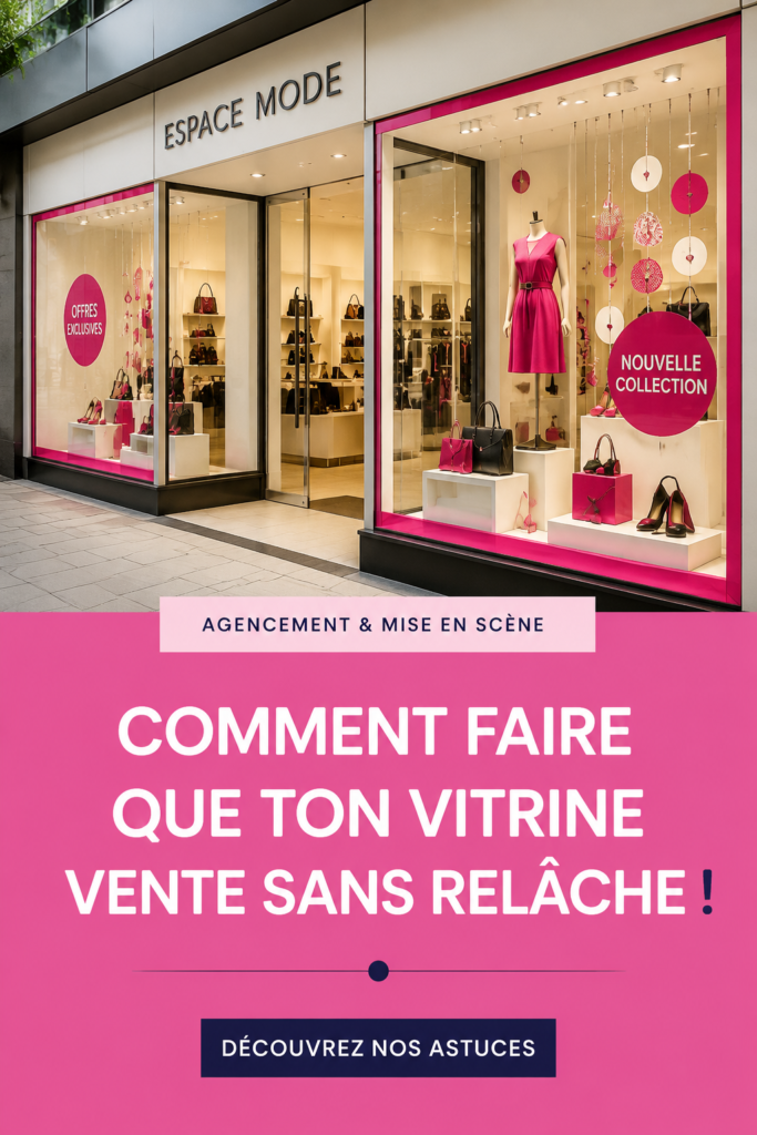 Vitrine de boutique élégamment décorée avec des produits attractifs et colorés.
