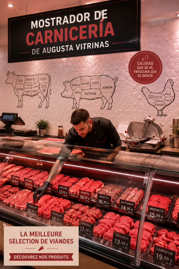 Vitrine d'Augusta exposant des produits de boucherie avec élégance et style