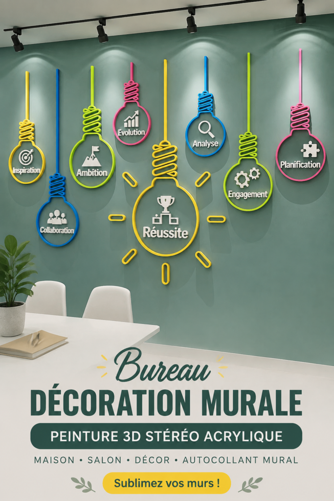 Un bureau décoré avec des autocollants muraux 3D colorés et créatifs.