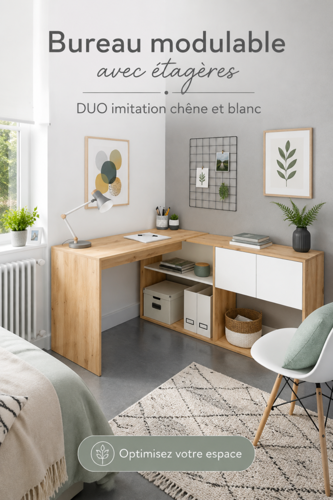 Bureau modulable avec étagères en imitation chêne et blanc, esthétique et pratique