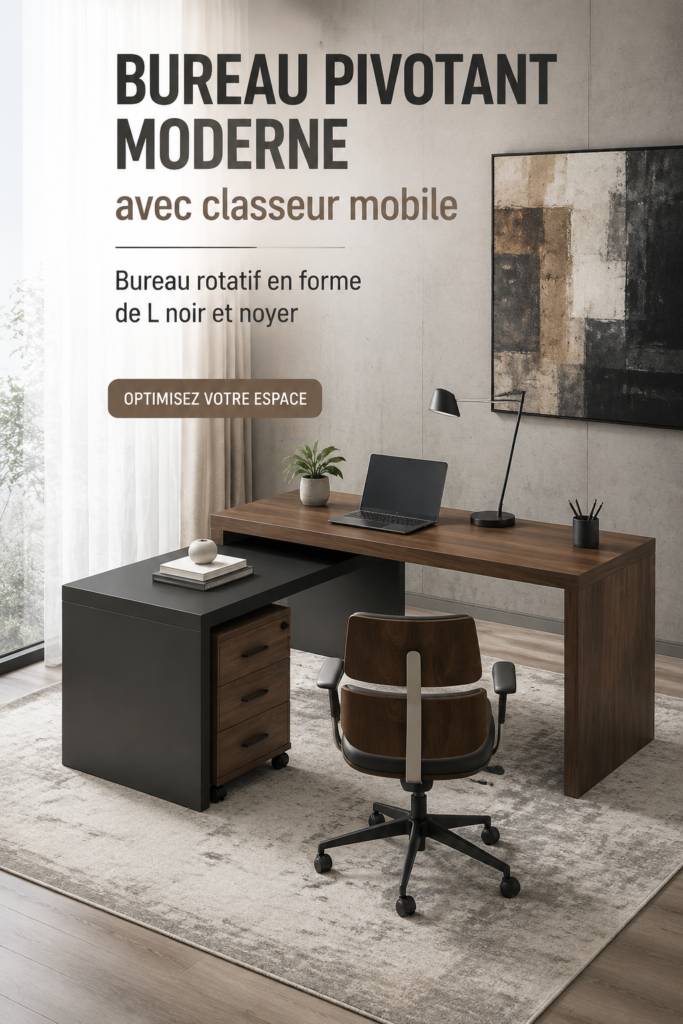 Bureau pivotant moderne en L noir et noyer, idéal pour le télétravail.