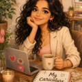 Une femme souriante montrant sa caricature personnalisée, illustrant la créativité artistique.