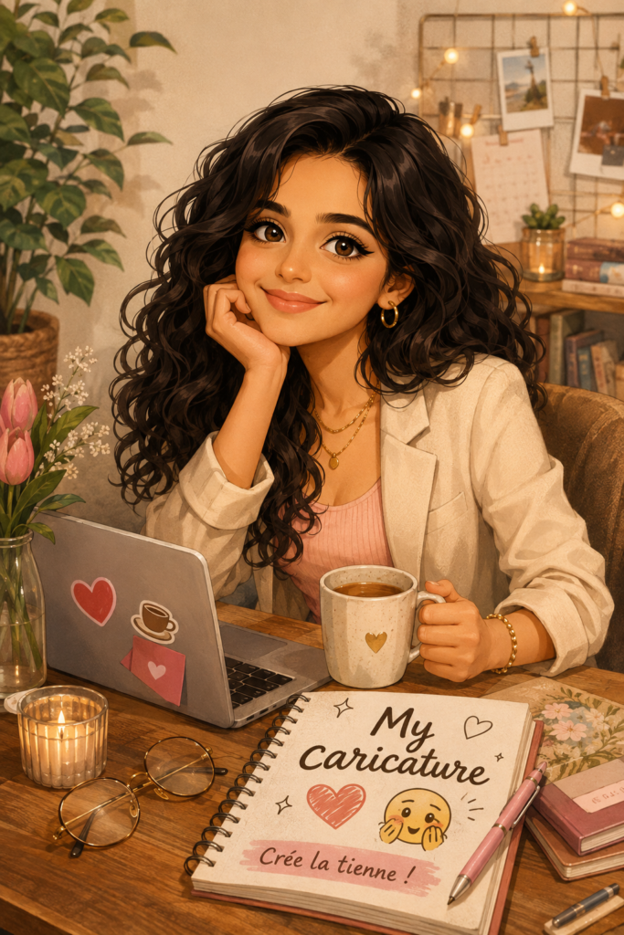 Une femme souriante montrant sa caricature personnalisée, illustrant la créativité artistique.