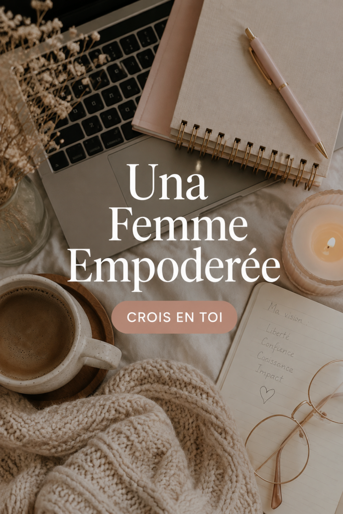 Une femme souriante dans un bureau, en train de travailler sur son projet entrepreneurial.