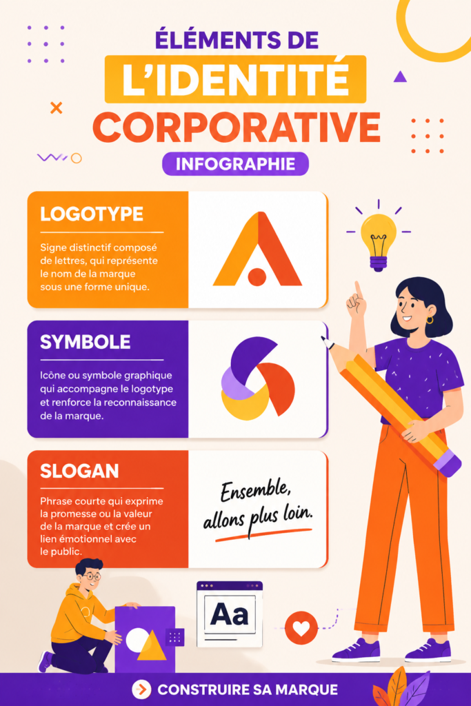 Visuel illustrant les éléments fondamentaux de l'identité d'entreprise.