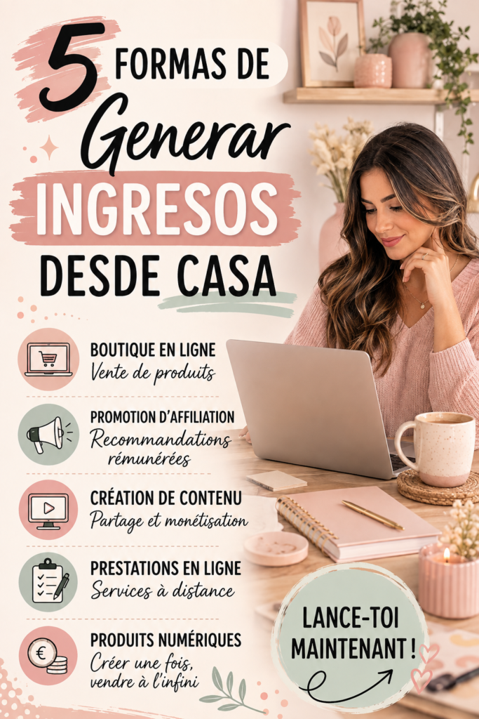 Femme souriante travaillant sur un ordinateur portable à la maison, illustrant des idées de revenus à domicile.