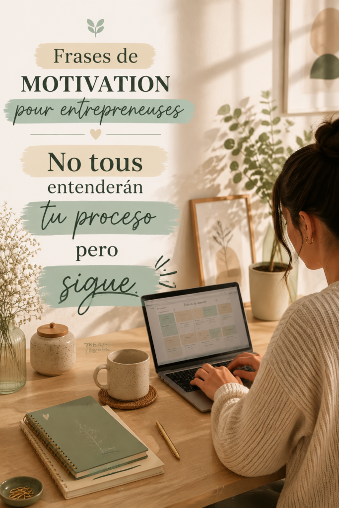 Femme souriante dans un environnement de travail inspirant avec des citations motivantes autour d'elle.