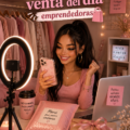 Une femme souriante célébrant sa première vente en ligne avec des produits en arrière-plan.