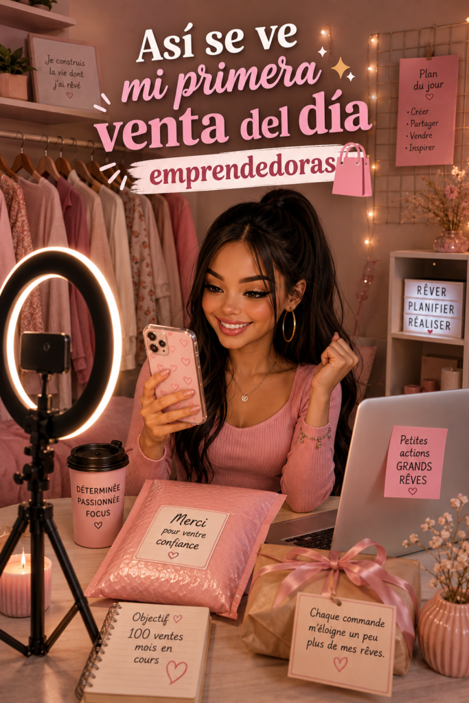 Une femme souriante célébrant sa première vente en ligne avec des produits en arrière-plan.