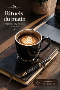 Une femme souriante effectuant une routine matinale apaisante avec une tasse de thé.