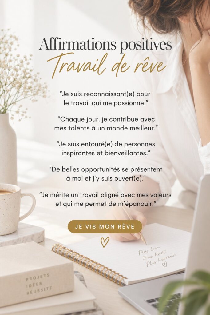 Femme souriante dans un bureau, réfléchissant à des affirmations positives pour réussir professionnellement.