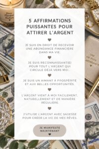 Une femme méditant avec des affirmations financières positives en arrière-plan.