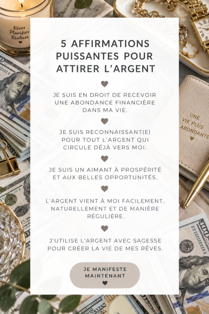 Une femme méditant avec des affirmations financières positives en arrière-plan.