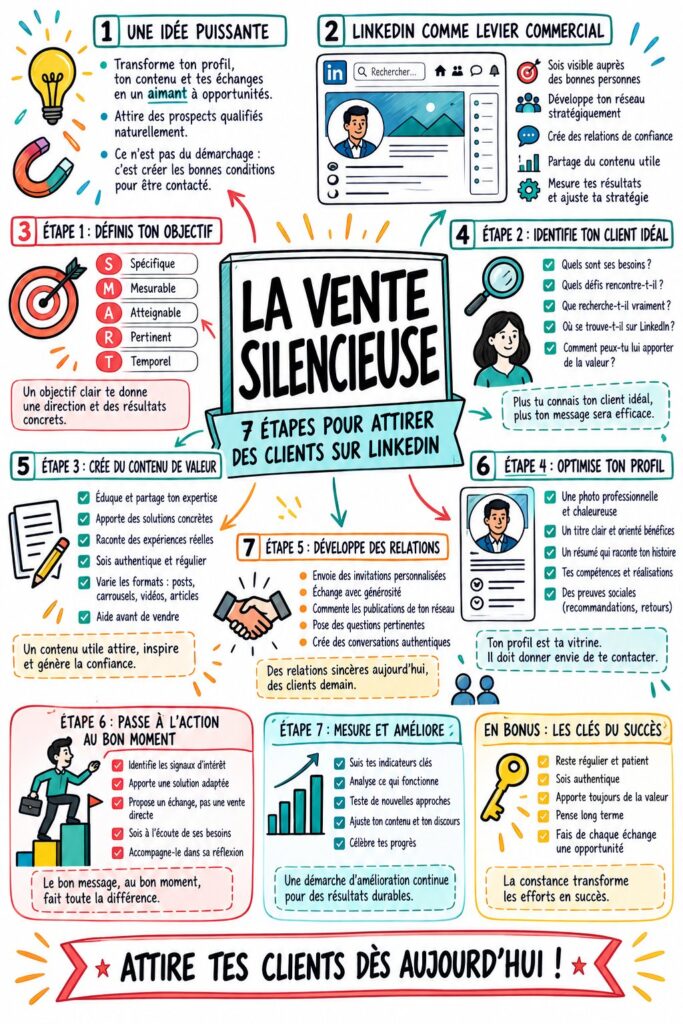Femme d'affaires optimisant son profil LinkedIn pour attirer des clients.