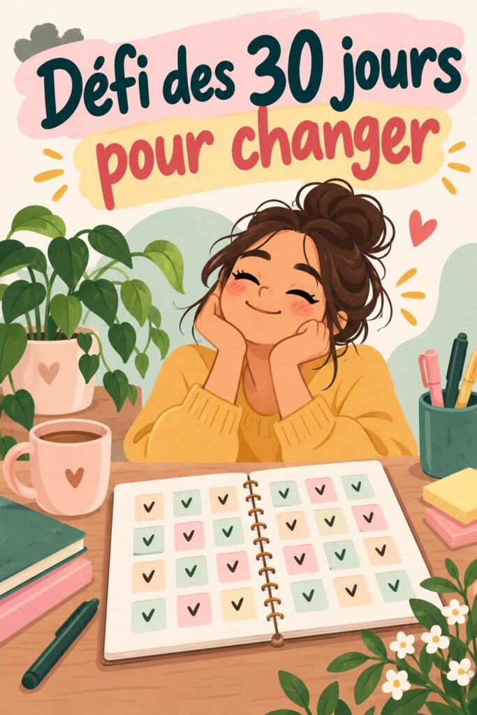 Image d'une femme en train de planifier son défi de 30 jours, entourée de fournitures de bureau.